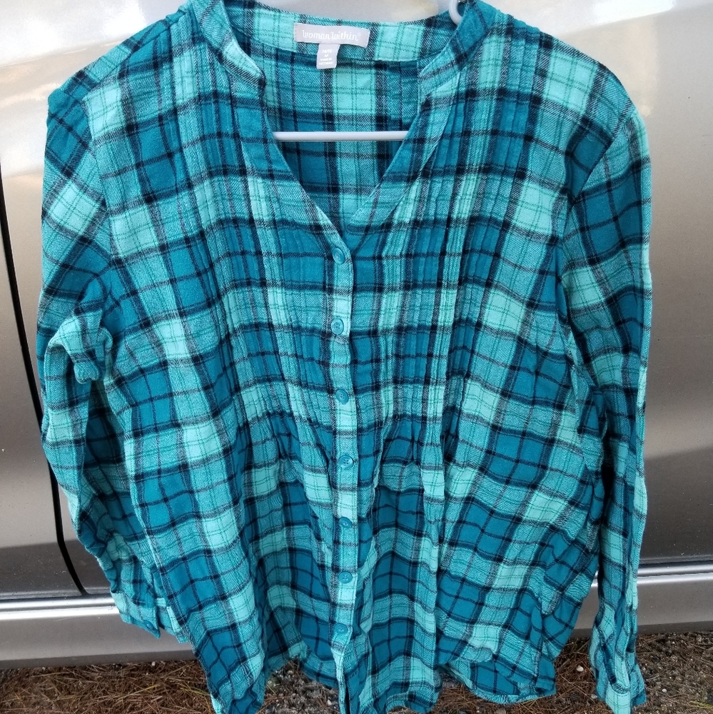 Woman WITHIN Size Medium 14/16 Turquoise Flannel Ruched Blouse